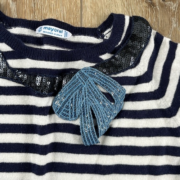 Mayoral Navy Blue & White Striped Sweater with Sequin Bow Detail - Picture 2 of 6